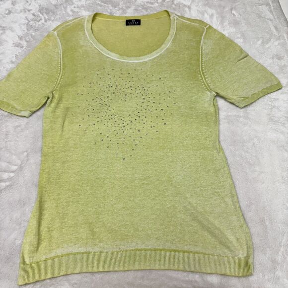 Barbara Lebek Women's Light Green Short Sleeve Cotton Rhinestones Sweater Sz 12 - Picture 7 of 12